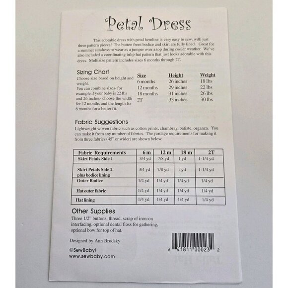 Sew Baby F705 Baby Girls Petal Dress and Hat Sewing Pattern No Envelope - Picture 2 of 3